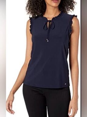 Tommy Hilfiger Navy Ruffle-Trim Tie-Neck Sleeveless Camisole, Navy, XL